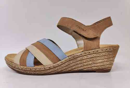 Rieker 62457, beige-sininen sandaali kiilapohjalla